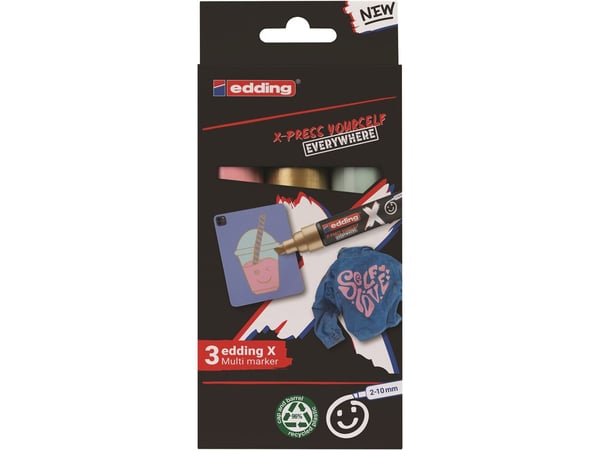 Edding 6900 X Multimarker, Gull, Lysegrønn, Lyserosa, Meisel tupp, Resirkulert plast, Wood/laminate, 2 mm, 1 cm