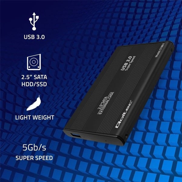 Qoltec 51861, HDD-/SSD-kotelo, 2.5", Serial ATA III, 5 Gbit/s, USB-liitettävyys, musta