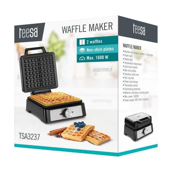 Teesa Wafelijzer zeer compact model 1600 Watt, 2 våffla/våfflor, Rektangulär, Svart, Rostfritt stål, Aluminium, Rostfritt stål, 0,75 m, 1600 W