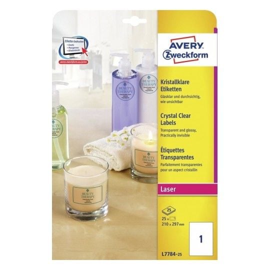 Avery L7784-25, Läpinäkyvä, Liimaton tulostustarra, A4, Polyesteri, Laser, Kiinteä