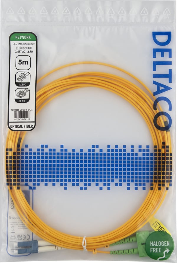 DELTACO - Patch-kabel - LC/UPC (hane) till SC/APC (hane) - 5 m - 5 m - fiberoptisk - duplex - G.657.A2/OS2 - halogenfri, dubbelriktad - gul