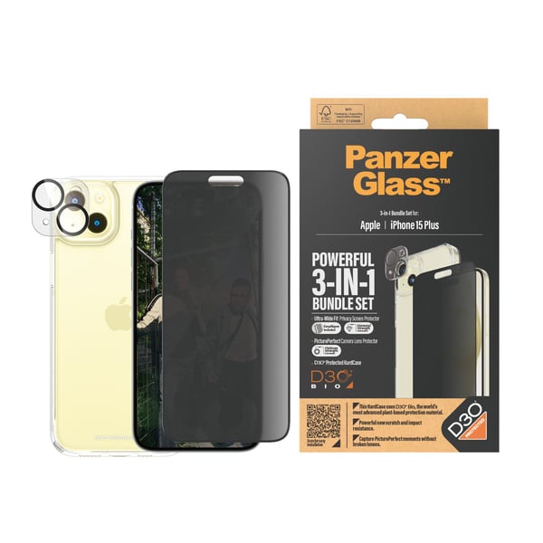 PanzerGlass ® 3-in-1 Privacy Bundle iPhone 15 Plus, Apple, Apple - iPhone 15 Plus, Asennus kuivana, Iskunkestävä, Läpinäkyvä, 1 kpl