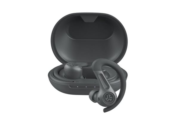 JLab JBuds Sport 4 - True wireless-hodetelefoner med mikrofon - i øret - over-øret-montering - Bluetooth - aktiv støydemping - grafitt