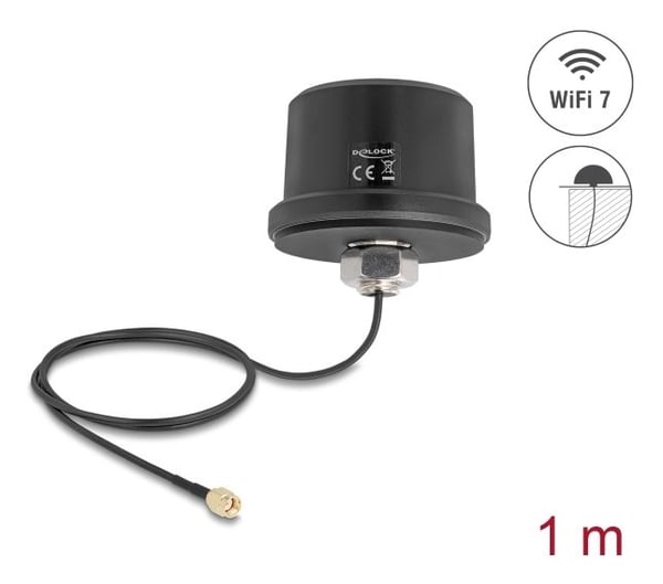 Delock WiFi 7 antenni RP-SMA liitin 3.1-3.5dBi suuntaamaton ja liitäntäkaapeli ULA100 1m kattoasennus ulkona musta