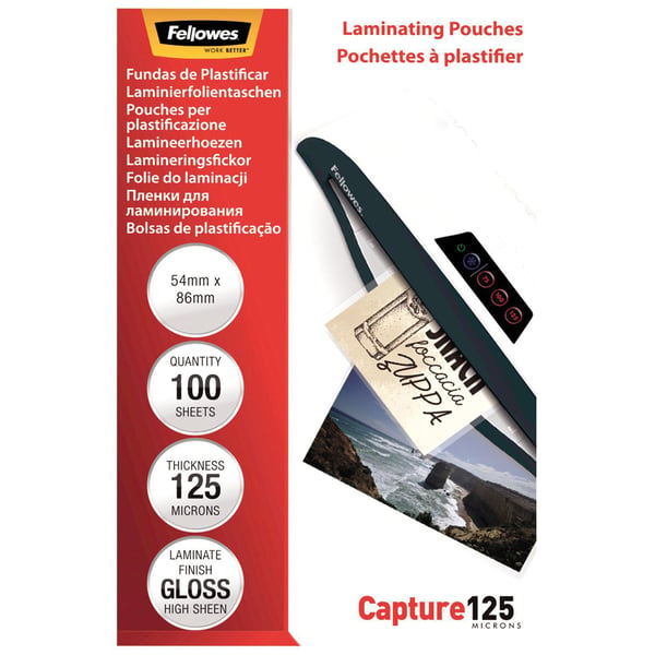 Lamineringslommer Fellowes 54x85mm 125 micron, blank - 100 stk./pakke