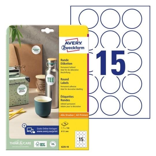 Produktetiketter Avery Ø51 mm hvid - (10 ark x 15 stk.)