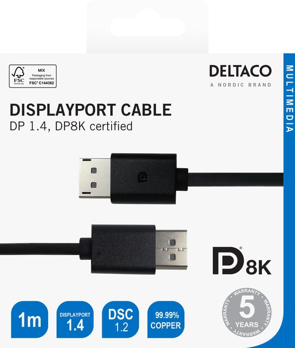 DELTACO - DisplayPort-kabel - DisplayPort (hann) til DisplayPort (hann) - DisplayPort 1.4 - 1 m - 8 K 60 Hz (7680 x 4320) støtte, opptil 32,4 Gbps-...