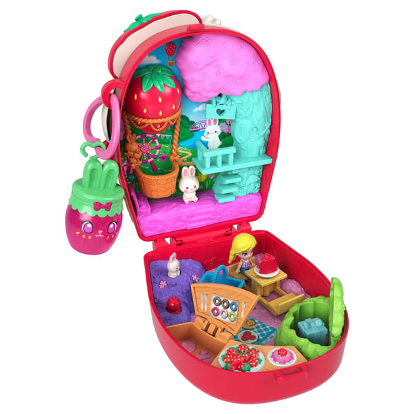 Polly Pocket Strawberry Bunny Basket -minileikkisetti, 1 mikronukke ja lemmikki