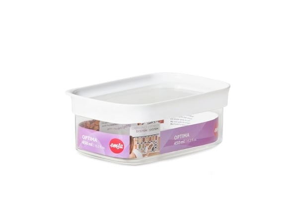 EMSA Optima, Säilö, Suorakulmainen, 0,45 L, Läpinäkyvä, Valkoinen, Styreeni-metyylimetakrylaatti (MS), Kestomuovinen elastomeeri, 55 °C