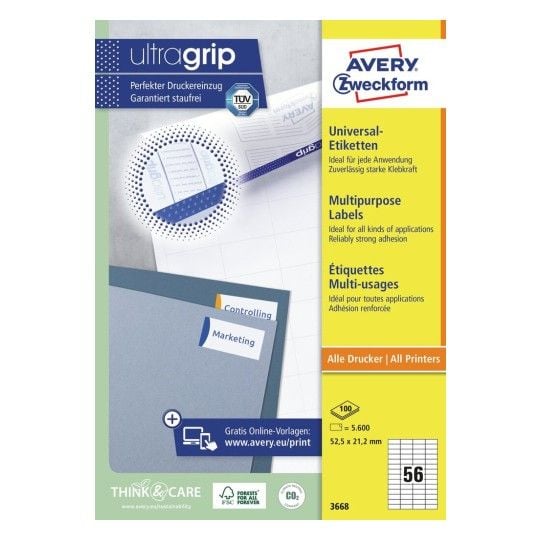 Avery - Hvit - 52.5 x 21.2 mm 5600 etikett(er) (100 ark x 56) flerbruks merkelapper