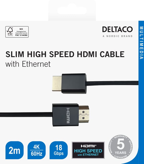 Deltaco Ultratynn høyhastighets HDMI-kabel med Ethernet, 2 m, svart, 2 m, HDMI Type A (Standard), HDMI Type A (Standard), 3840 x 2160 piksler, 18 G...