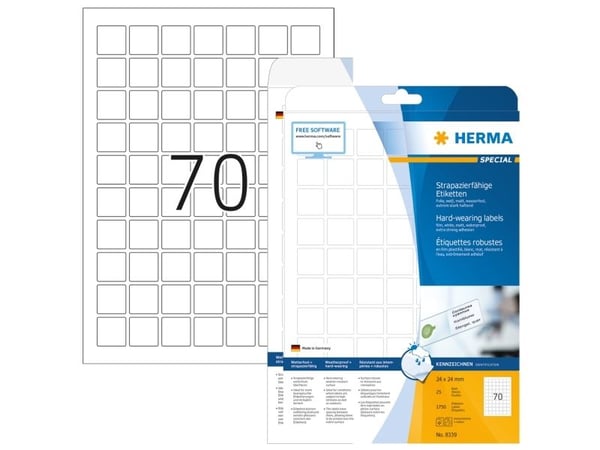 HERMA 8339, Valkoinen, Itse kiinnittyvä tulostintarra, A4, Laser, Kiinteä, Matta