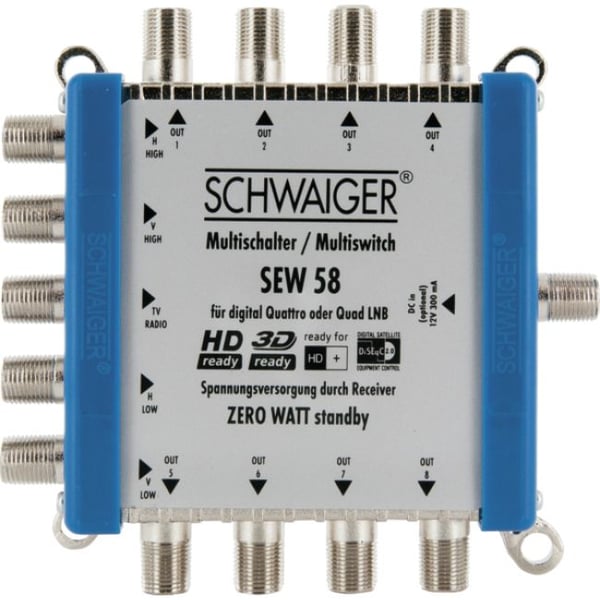 Schwaiger SEW58 531, 5 ingångar, 8 utgångar, 950 - 2150 MHz, 5 - 790 MHz, F, 14V, 18V