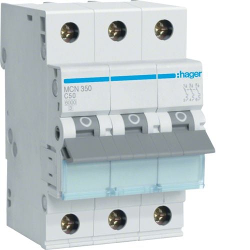 Hager MCN350, 50 - 60 Hz, 50 A, 3P, 52,5 mm, 70 mm, 83 mm, 52,5 mm