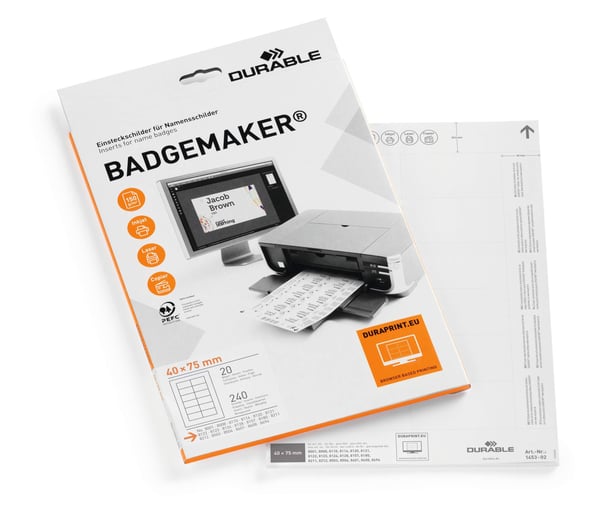 Innstikksark BADGEMAKER® 40x75mm hvite, for navneskilt, 20 ark/pakning - (20 ark x 12 stk. per ark)