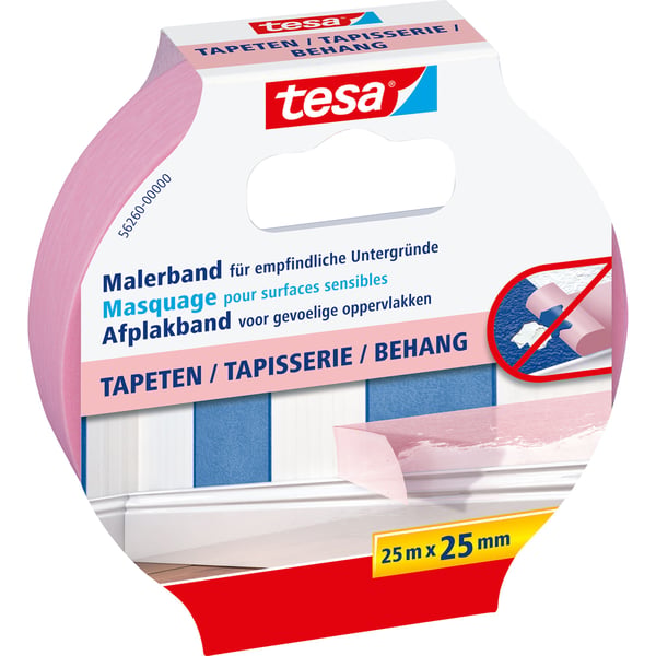 TESA 56260, Maskeringstejp för målning, papper, Rosa, Slät, Akrylfärg, Alkydfärg, Latexfärg, 7 dagar