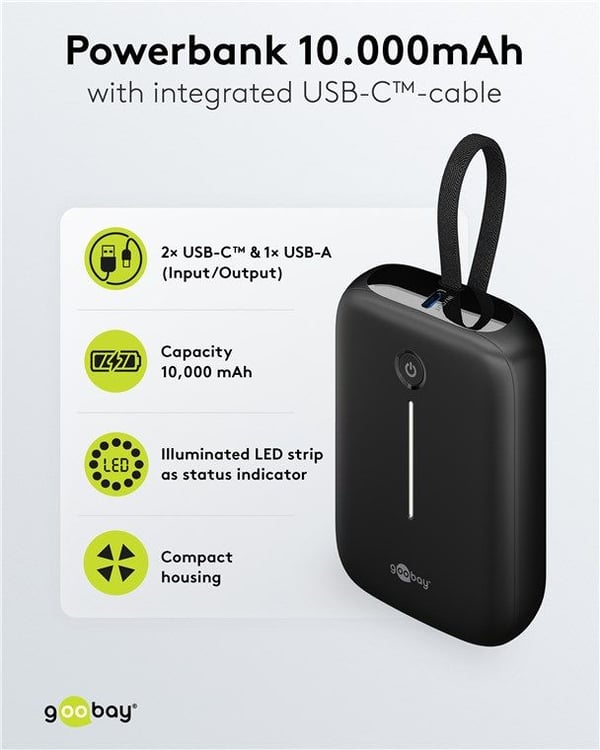10 000 mAh:n tehopankki integroidulla USB-C™-kaapelilla