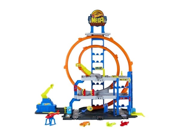 Hot Wheels City Mega Garage JBM74 leikkisetti 1:64, auto ja helikopteri