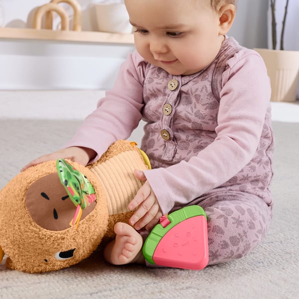Fisher-Price , aisteja stimuloiva Snuggly Snacky Capybara -pehmolelu vauvoille, purulelu ja helistin, Leluvesisika, 0,25 vuosi/vuosia, Tuottaa ääntä
