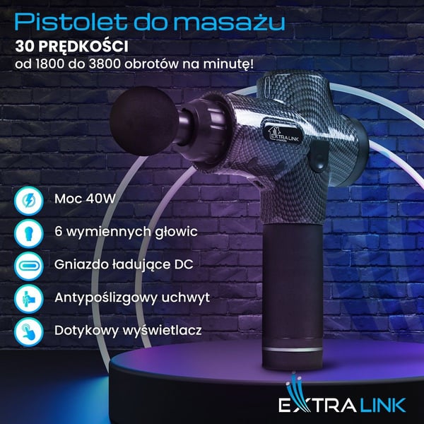 Extralink massasjepistol Pro 3800 RPM MSG-01-PRO, 6 utskiftbare hoder, svart