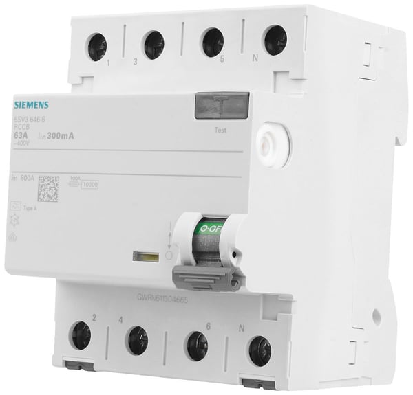 SIEMENS vikavirtasuojakatkaisija tyyppi A 63A 3-napainen + nolla 300mA laukaisuvirta 400V 4 moduulin leveys
