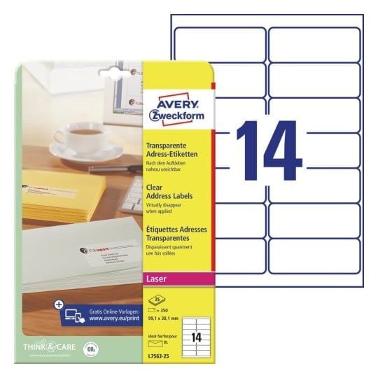 Etiketter Avery 99,1x38,1 mm transparent - (25 ark x 14 stk.)