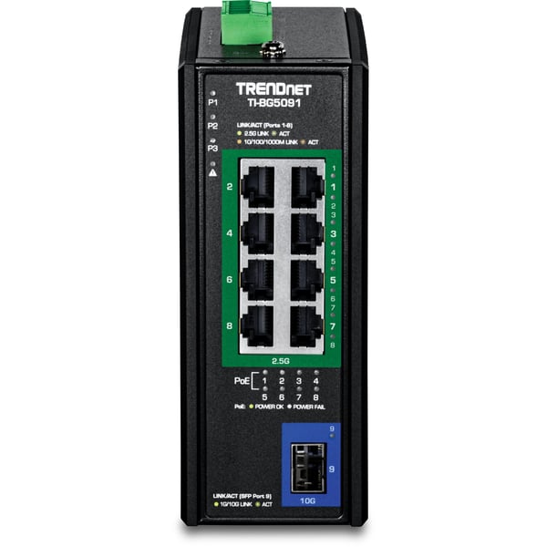 TRENDnet TI-BG5091 - Version v1.0R - switch - industriell - 8 x 10/100/1000/2.5G (PoE++) + 1 x 1 Gigabit / 10 Gigabit SFP+ - DIN-skinnemonterbar, v...