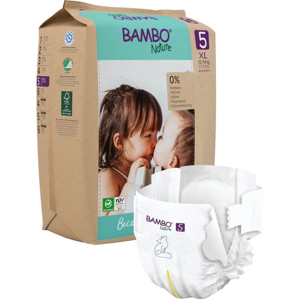 Babybleie, tapebleie, miljømerket, Bambo Nature, 5, papirpose, papirpose, 12-18 kg - (6 pakker x 22 stk.)
