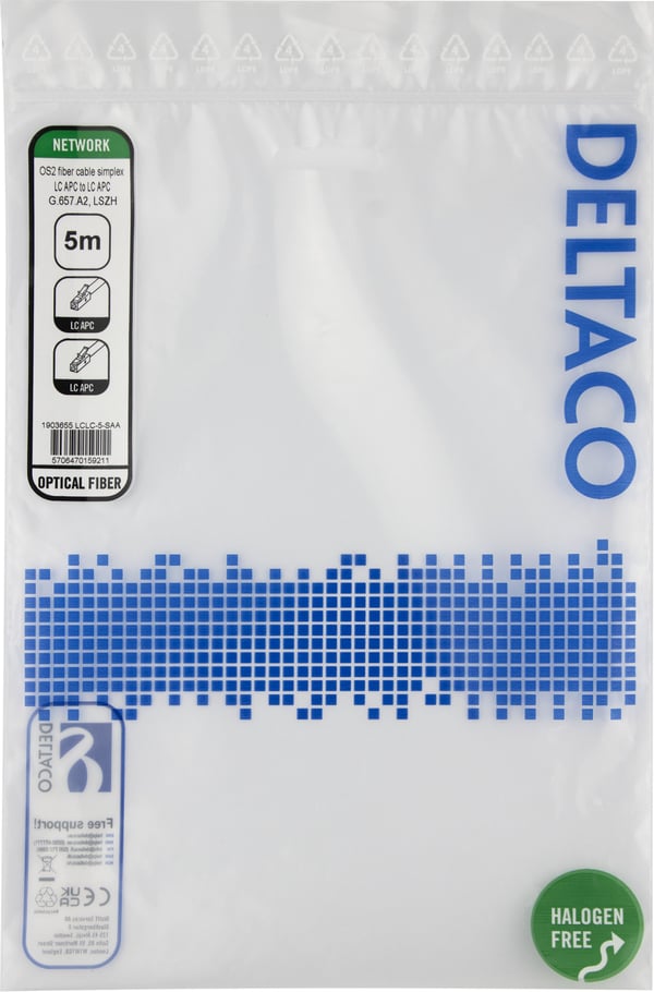 DELTACO - Patchkabel - LC/APC (hane) till LC/APC (hane) - 5 m - 5 m. - fiberoptisk - simplex - OS2 - halogenfri - gul