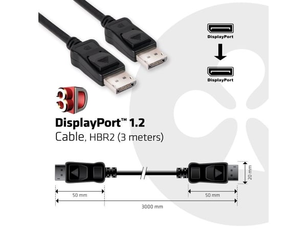 Club 3D CAC-1064 DisplayPort-kabel, 3 m, DP 1.2, 4K 60 Hz, hann/hann, svart