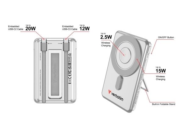 Verbatim 32276, 5000 mAh, mukautuva pikalataus, Power Delivery 3.0, pikalataus 3.0, langaton lataus, 3,85 V, 20 W, hopea