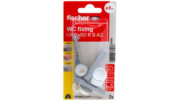 Fischer 83628, Kit med skruv och väggplugg, Tegel, Betong, Nylon, Grå, Rostfritt stål, Pozidriv