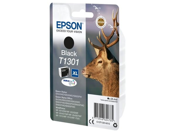 Epson Stag T1301 Peura DURABrite Ultra, yksittäispakkaus, musta muste, High (L) Yield, Musta, Väriainepohjainen muste, 25,4 ml, 25,4 ml, 1 kpl