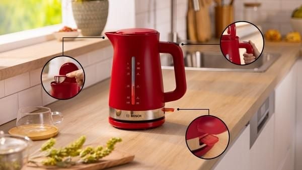 Bosch TWK4M224, 1,7 l, 2400 W, Rød, Rustfritt stål, Vannivåindikator, Overopphetingsbeskyttelse