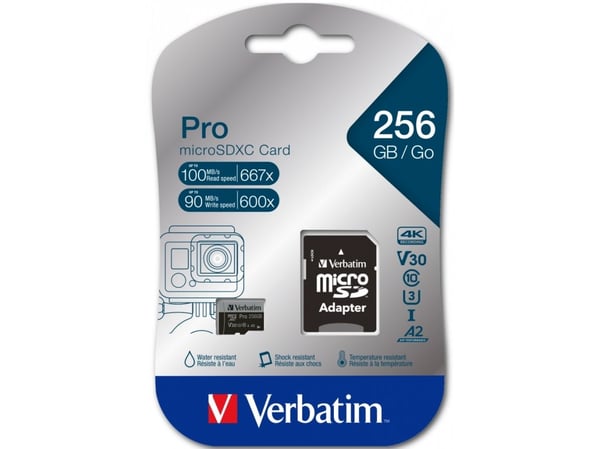 Verbatim PRO U3 47045 microSDXC-kortti 256 GB A2 UHS-I luokka 10, SD-sovitin