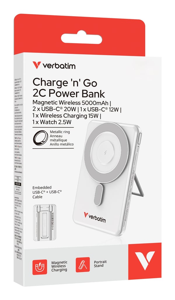 Verbatim 32276, 5000 mAh, mukautuva pikalataus, Power Delivery 3.0, pikalataus 3.0, langaton lataus, 3,85 V, 20 W, hopea
