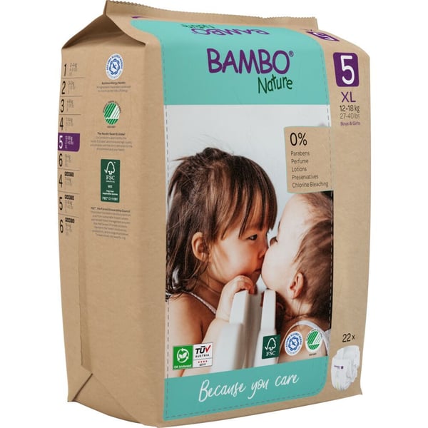 Babybleie, tapebleie, miljømerket, Bambo Nature, 5, papirpose, papirpose, 12-18 kg - (6 pakker x 22 stk.)