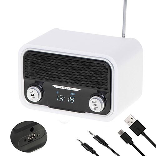 Adler AD 1185, Kannettava, FM, LCD, Micro-USB, USB A-tyyppi, Valkoinen, Yksivärinen