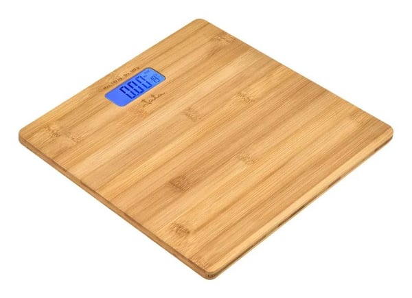 JATA HBAS1489, Sähkökäyttöinen henkilövaaka, 180 kg, 100 g, Bamboo, kg/lb, Neliö