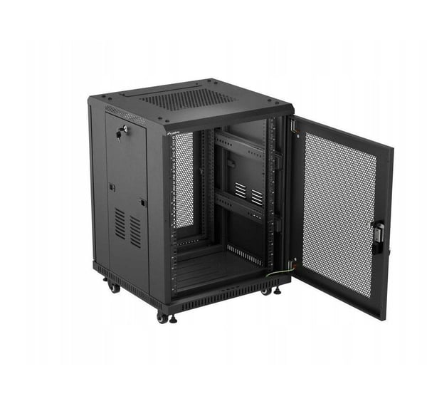 Lanberg FF01 series - Rack skåp - 600 x 600, platt paket, med nät dörr - med 2 kylfläktar - fristående - svart, RAL 9004 - 15U - 19"