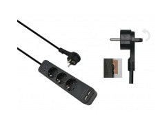 Helos pistorasia ADVANCED, 3-suuntainen, USB-laturi musta, 1,5m, kytkimen kanssa
