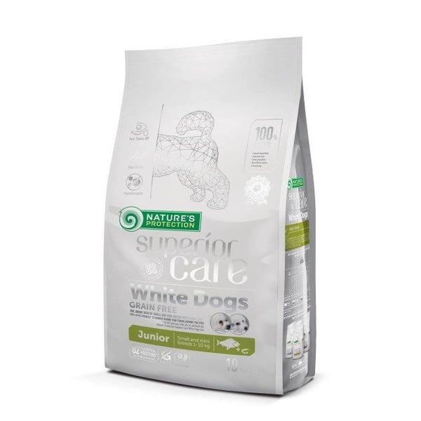 Nature's Protection Superior Care Hvite Hunder Kornfri Hvitfisk Junior Små- og Miniraser 10 kg, tørt kornfritt fôr for unghunder med hvit pels av s...