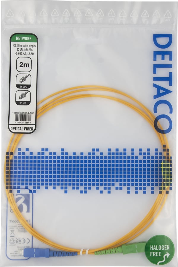 OS2 Fiberkabel, SC - SC, simplex, UPC/APC, 2,0 m