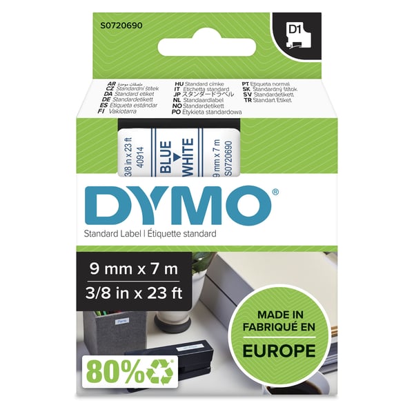 DYMO D1 - vakiopolyesteritarrat - Sininen valkoisella -9mm x 7m, Sininen valkoisella, Polyesteri, Belgia, -18 - 90 °C, DYMO, LabelManager, LabelWri...