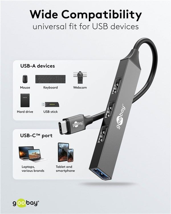 Goobay 74457, USB 3.2 Gen 1 (3.1 Gen 1) Type-C, USB 2.0 Type-A, USB 3.2 Gen 1 (3.1 Gen 1) Type-A, 5000 Mbit/s, Lysegrå, Aluminium, 0,1 m