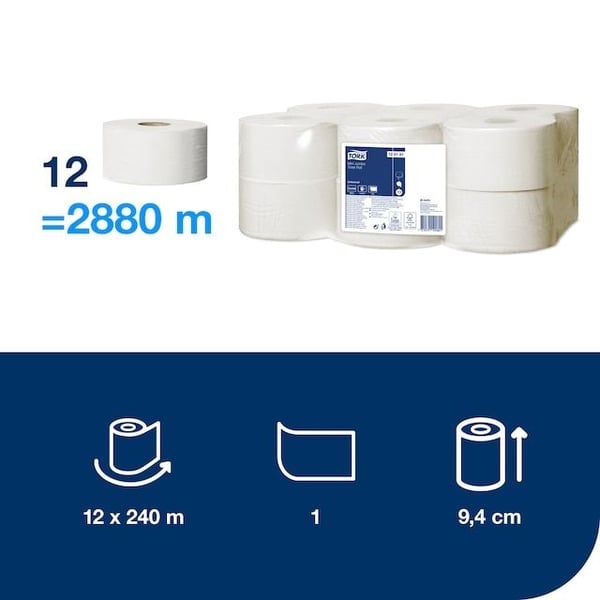 Toalettpapper Tork T2 Mini Jumo, Universal, 1-lagers, oblekt, FSC - (12 rullar per kartong)