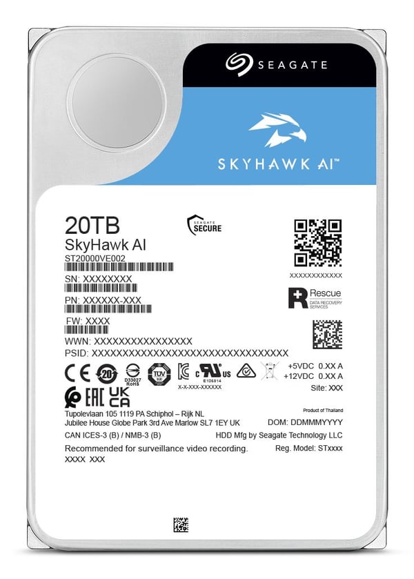 Seagate SkyHawk AI ST20000VE004 - Harddisk - 20 TB - intern - 3.5" - SATA 6Gb/s - buffer: 512 MB - med 3-års Seagate Rescue Data Recovery