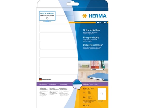 HERMA Special - Papir - matt - permanent selv-adhesiv - perforert - hvit - 192 x 25.4 mm 250 etikett(er) (25 ark x 10) opake arkivmappeetiketter