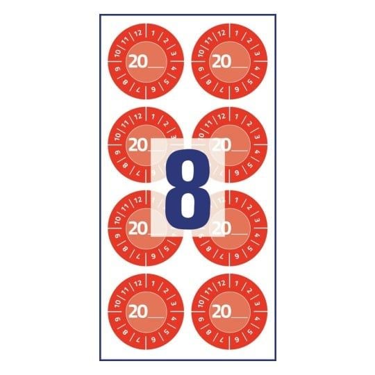 Rød inspektionsetiket Ø30 mm med årstal 20__ til selv at udfylde, Vinyl Rød - (10 ark x 8 stk.)
