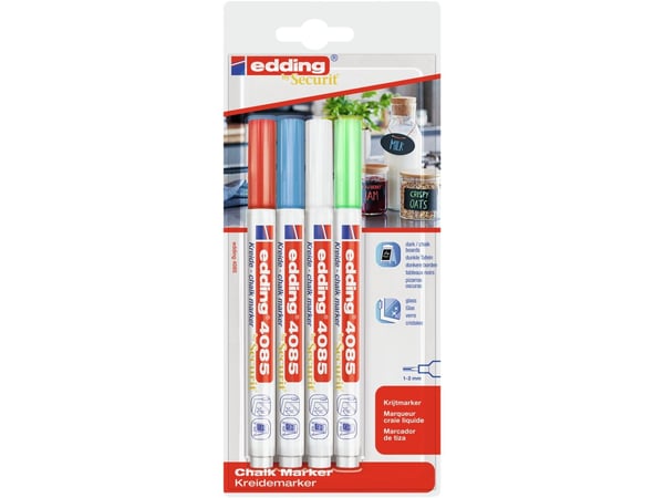 edding 4085 - Markør - ikke-permanent - for speil, glass, krittbrett - rød, lyseblå, neongrønn, hvit - opak - vannbasert flytende kritt - 1-2 mm (e...